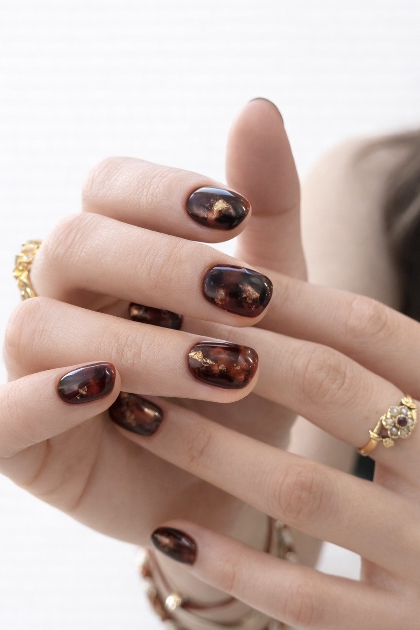 Pose signature — manucure écaille tortue avec feuilles d'or